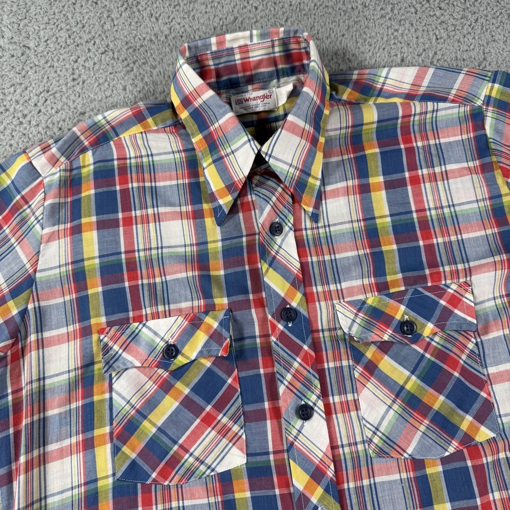 Vintage Wrangler Shirt Mens Large Plaid Pearl Snap Western Cowboy Made USA 70s